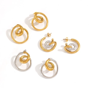 Minimalist geometric spiral stud earrings in stainless steel with gold and silver finishes