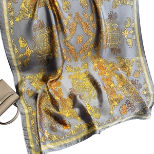 Classic grey silk scarf with gold Baroque patterns and elegant rolled edges for women