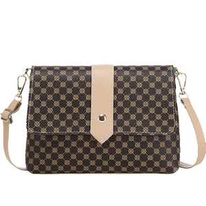 Classic small square shoulder bag with brown clover print and beige vertical strap trim