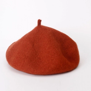 Close-up of rust red wool beret fabric texture and top stem detail on white background