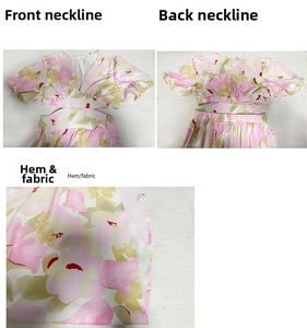 Detail of floral dress featuring V-neckline, back cutout, and fabric texture in pink and yellow