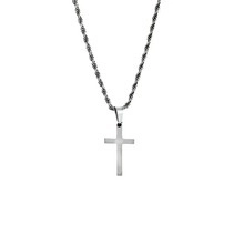 Minimalist silver cross pendant necklace with textured twist chain on a clean white background