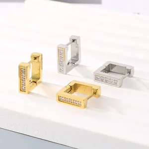 Boucles D'Oreilles Créoles Carrées En Acier Inoxydable Avec Zircone Plaqué Or 18K Bijoux Minimalistes Géométriques Pour Hommes Femmes