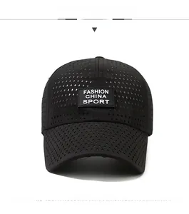 Close-up of black breathable mesh baseball cap with Fashion China Sport patch logo