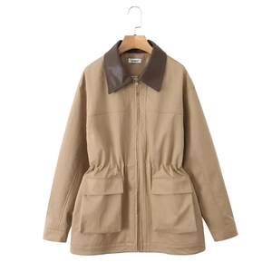Women Mid Length Utility Trench Coat Polyester With Faux Leather Collar Drawstring Waist Loose Fit Khaki Jacket