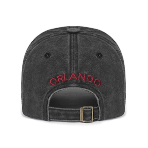 Vintage washed charcoal denim baseball cap with red Orlando embroidery and metal buckle