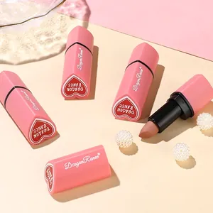 Matte nude velvet lipstick in heart shaped pink tubes with elegant pearl accessories