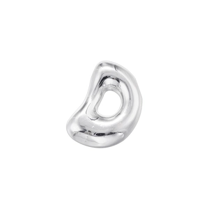 Close-up of polished silver bubble letter charm with smooth organic liquid metal shape