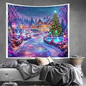 Christmas tapestry featuring snowy cottage and lit Christmas tree for wall decor