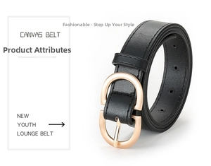 Detail view of a black textured belt featuring a polished gold interlocking double ring buckle