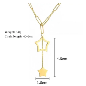Detailed size chart for gold star fringe necklace with 40+5cm chain and 8.3g weight