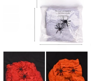 Halloween decorative spider web kit featuring colorful cotton webs and plastic spiders