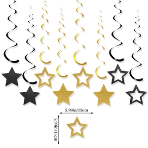 Detail of black and gold hanging spirals with glittery star decorations and 15cm dimensions