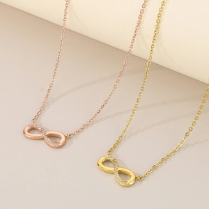 Titanium steel infinity pendant necklaces in rose gold and gold with micro-pave zircons