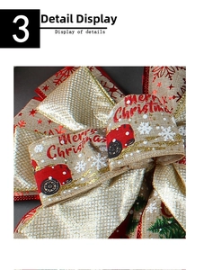 Close-up of burlap Christmas bow with vintage red truck print and golden glitter edges