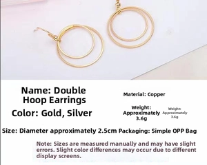 Detailed view of gold and silver double hoop earrings with 2.5cm diameter dimensions