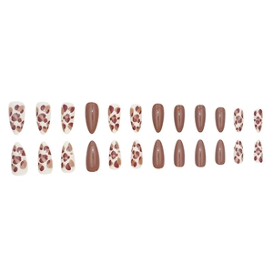 24-piece almond shaped press-on nails featuring brown leopard print and solid amber finish