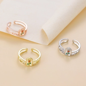 Three hollow arched flower rings with colorful zircon in gold, silver and rose gold finishes