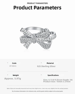 Detailed size chart of the 925 sterling silver bow ring featuring 5A cubic zirconia stones