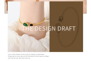 Artistic layout showing a gold bangle with green and black agate stones and a design draft