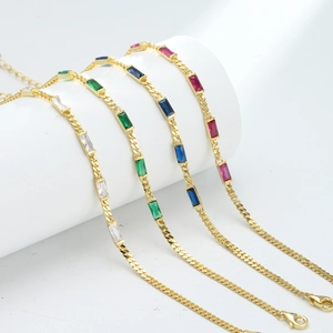S925 Sterling silver gold chain bracelets with square gemstones in four vibrant colors