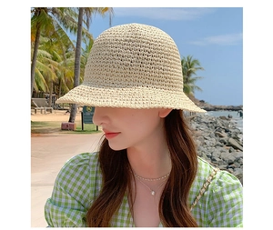 Close-up of beige straw hat texture and woven material for summer beach sun protection