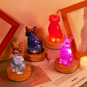 DIY silicone animal molds for cat, dog, and rabbit resin lamps with wooden base