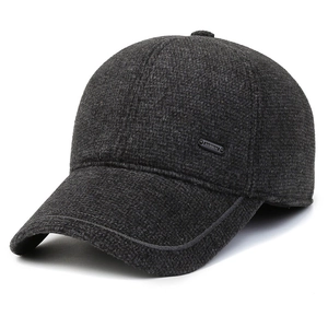 Winter wool baseball cap with ear protection and metal logo in dark gray wool fabric