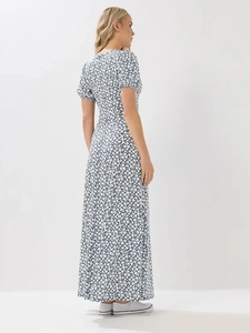 French vintage floral V-neck maxi dress in blue and white print with tie-back design