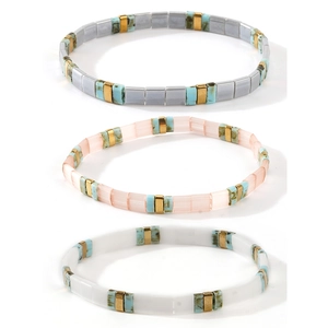 Dreiteiliges Bohemian Tila-Perlenarmband-Set in Silber, Rosa und Weiß mit Emaille-Perlen