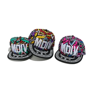 Detailed view of colorful graffiti flat-brim hip hop hats with white 3D MDIV embroidery