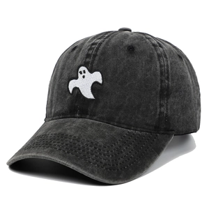 Vintage washed cotton baseball cap with ghost embroidery and outdoor sun shade brim