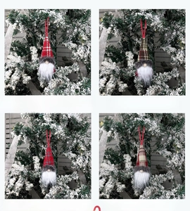 Set of four Christmas faceless gnome ornaments in checkered hats on snow-covered trees