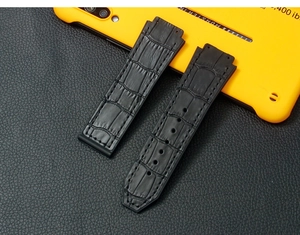 Detail view of black alligator pattern leather watch strap with smooth rubber backing