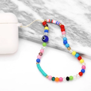 Handmade beaded phone strap with colorful clay beads and blue evil eye charm