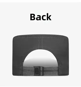 Detail of dark grey army cap back with adjustable plastic buckle and strap closure