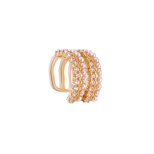 Gold multi-layer ear cuff featuring rows of white pearls and shimmering zircons