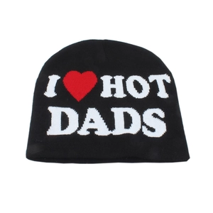 Detailed close-up of knit texture and 'I HOT DADS' lettering on the black beanie