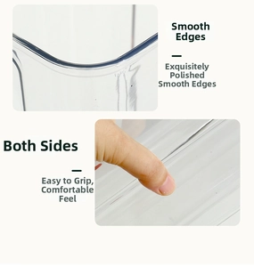 Detail of smooth polished corners and side grip handle on transparent storage container