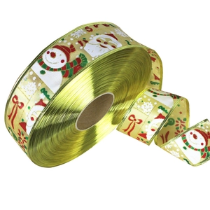 Golden Christmas ribbon with Santa Claus and snowman patterns for festive tree decoration