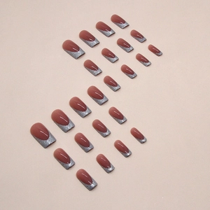 French medium square silver glitter gradient press-on nails with nude pink base 24pcs