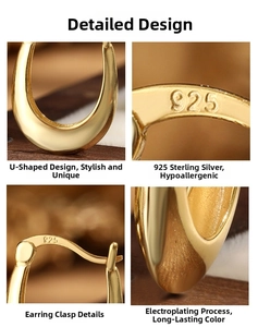 Macro shot of 925 sterling silver U-shaped hoop earring with S925 hallmark engraving