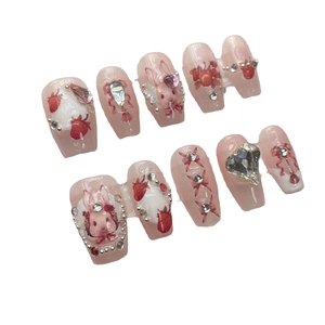 Handmade strawberry and rabbit themed press-on nails with 3D crystals in sweet lolita style