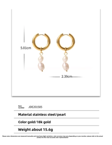 Detail view of 18k gold plated hoop earrings with baroque pearls and size dimensions