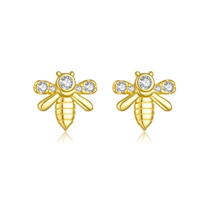 Minimalist S925 sterling silver golden bee stud earrings with sparkling white zircons