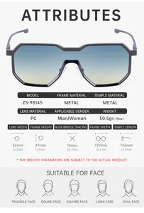 Size chart showing technical specifications and dimensions of irregular steampunk sunglasses
