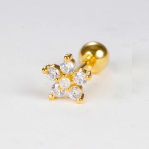 Golden flower cartilage earring with white zircon stones and secure screw ball back
