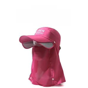 Dettaglio cappello da sole rosa con maschera in rete e protezione per il collo esterno