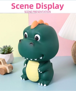 Cartoon green dinosaur money box in a cozy children room setting with soft warm lighting