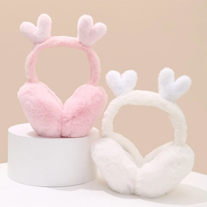 Winter plush earmuffs with heart decor in pink and white for girls warmth